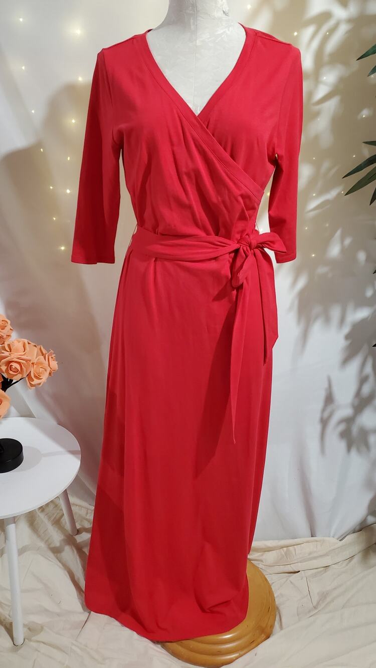 Soft Surroundings Faux Wrap Tie Waist Maxi Dress Size S Red 1/2 Sleeve V-Neck